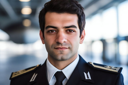 Portrait of confident pilot standing in corridor at airport during the flightの素材