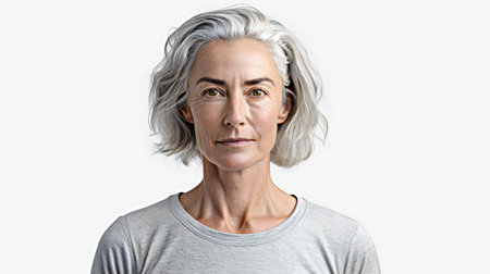 Portrait of a middle-aged woman with grey hair on a white backgroundの素材