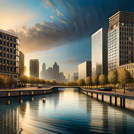 Cityscape at sunset with skyscrapers and reflections in the waterの素材