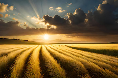 Sunset over rice field in the countryside of South Moravia, Czech Republicの素材