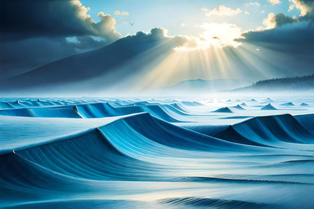 beautiful winter landscape with snow-capped mountains and sun raysの素材