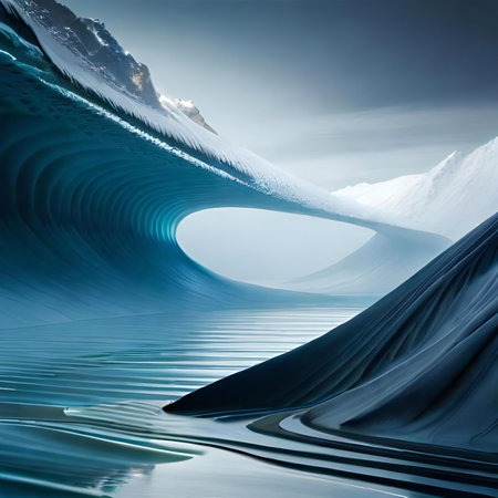 Fantastic abstract landscape with blue water and mountains in the backgroundの素材