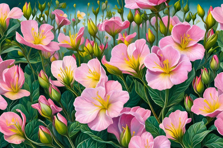 Digital painting of pink freesia flowers in full bloom. Spring backgroundの素材