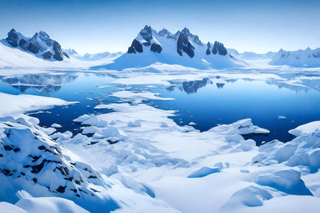 Beautiful winter landscape with icebergs in the ocean.の素材