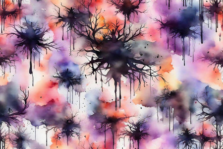 Watercolor seamless pattern with silhouettes of trees. Hand painted illustration.の素材