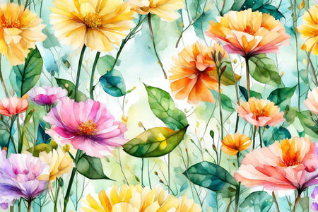 Seamless pattern with watercolor flowers. Hand-drawn illustration.の素材