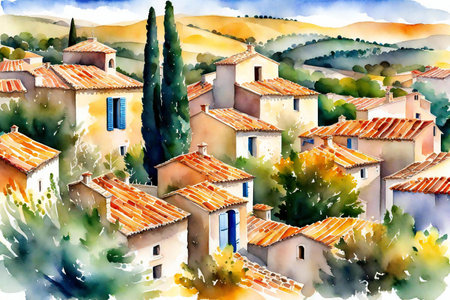 Watercolor illustration of a village in the Tuscany, Italyの素材