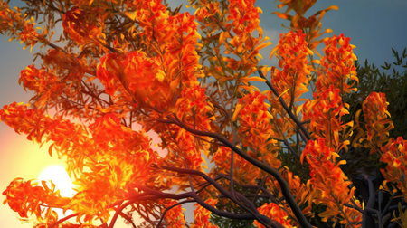 Tree with orange flowers on the background of the sunset.の素材