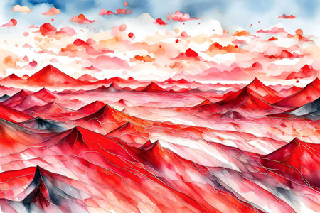 Watercolor mountain landscape with red and orange mountains and clouds. Hand drawn illustrationの素材