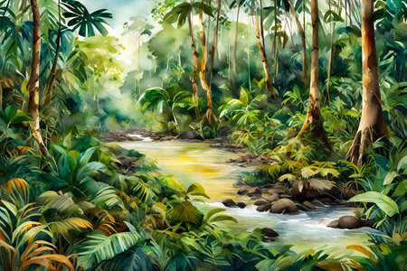 Digital painting of a tropical jungle with a stream running through it.の素材