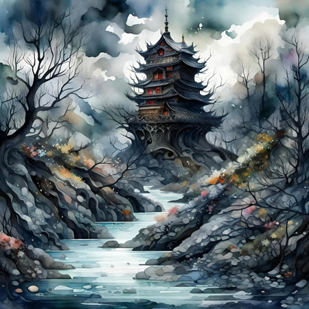Watercolor illustration of a Chinese pagoda in the middle of the lakeの素材