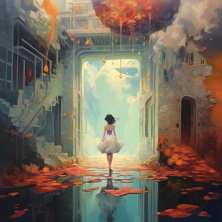 Fantasy illustration of a girl in a white dress standing in the middle of an abandoned buildingの素材