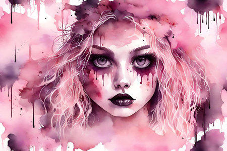 Portrait of a beautiful girl with pink hair. Watercolor illustration.の素材