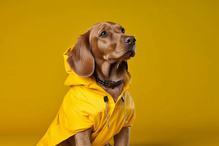 Studio portrait of an adorable dachshund dog wearing a yellow raincoat.の素材