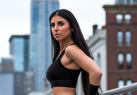 Young beautiful brunette woman in a black swimsuit posing in the cityの素材
