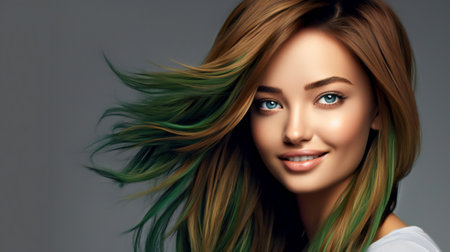 Portrait of a beautiful young woman with long green hair. Beauty, fashion.の素材