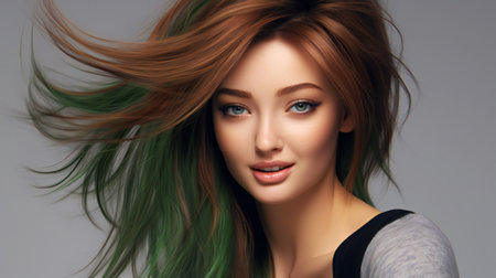 Portrait of a beautiful young woman with long green hair. Beauty, fashion.の素材