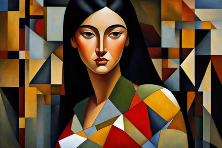 portrait of a beautiful woman with abstract colorful background. digital paintingの素材