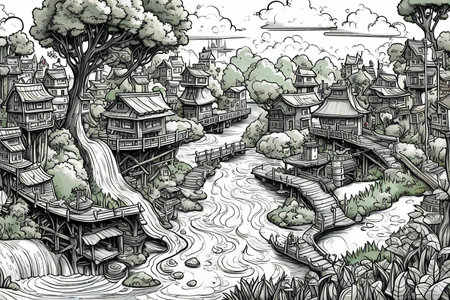 Sketch of a Japanese village with a river and a bridgeの素材