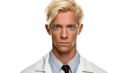 Portrait of a handsome blond male doctor isolated on white background.の素材