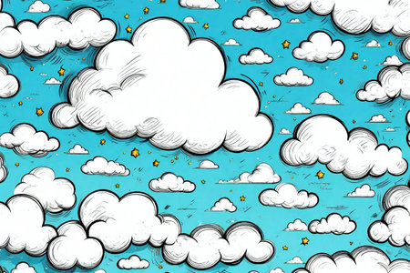 Cartoon clouds on blue background. Hand drawn illustration for children.の素材