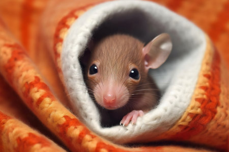 Cute little rat in a warm blanket. Close-up.の素材