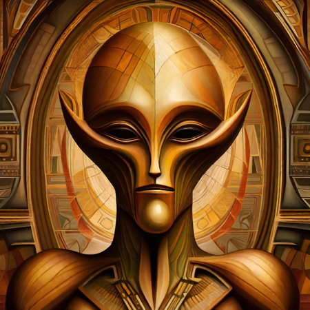 a fantasy alien face in a golden background.の素材