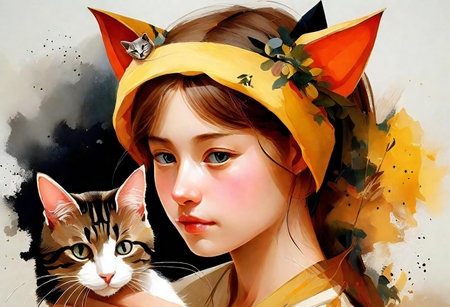 Beautiful young girl with cat in her hair. Digital painting.の素材