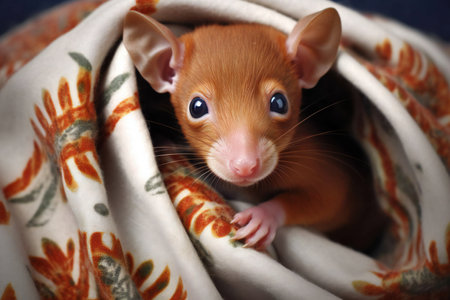 Cute little rat with blue eyes in a blanket. Close-up.の素材
