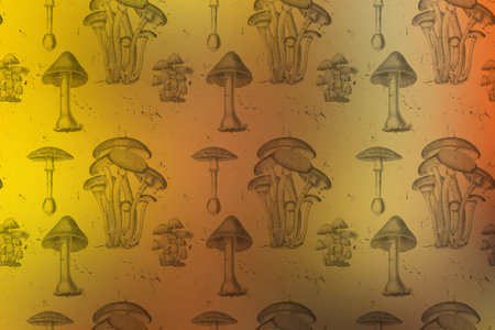 Seamless pattern of hand drawn mushrooms on a yellow background.の素材
