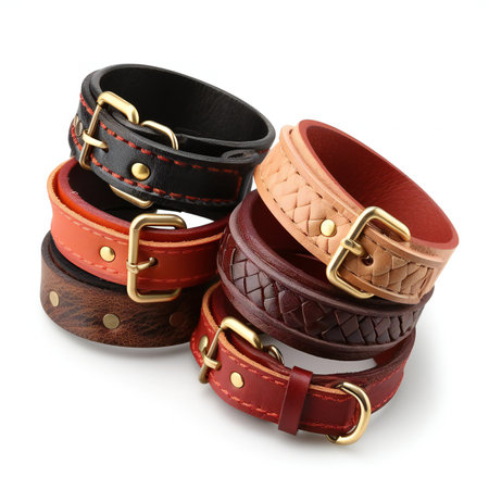 Three leather belts isolated on white background.の素材