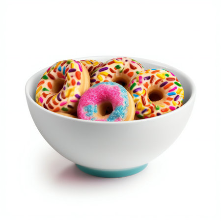 Colorful donuts in a bowl isolated on a white background.の素材