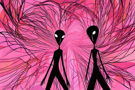 Two people in love on abstract floral background. Digital art painting.の素材