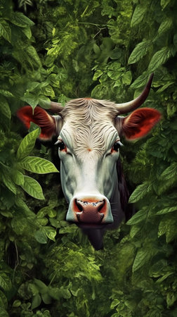 Cow in the jungle with green leaves.の素材