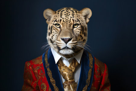 Portrait of a leopard in a suit and tie on a dark backgroundの素材