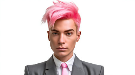 Portrait of a young businessman with pink hair on a white backgroundの素材