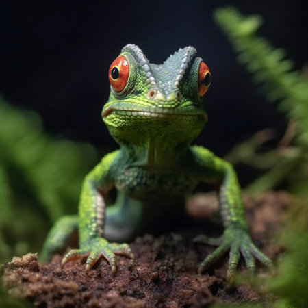 Close-up of a green tree chameleon in a terrariumの素材