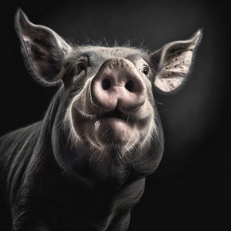 Portrait of a funny pig on a dark background. Studio shot.の素材