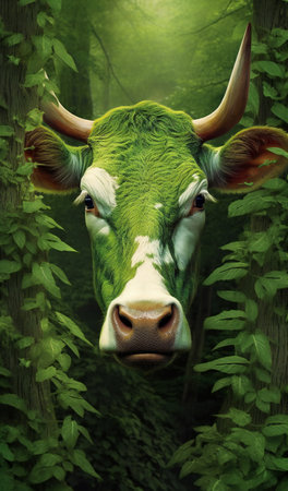 Portrait of a cow in the green forest. The symbol of the year 2015.の素材