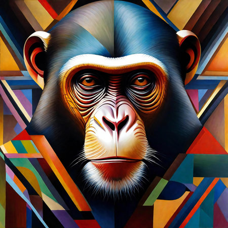 Chimpanzee head on colorful abstract background.の素材