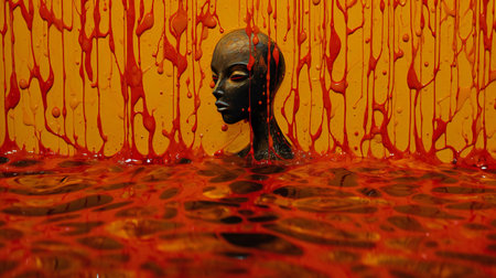 a female face in a pool of orange paintの素材