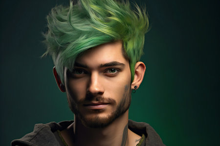 Portrait of a handsome young man with green hair. Men's beauty, fashion.の素材