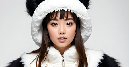 beautiful asian woman wearing fur coat and white hat on white backgroundの素材