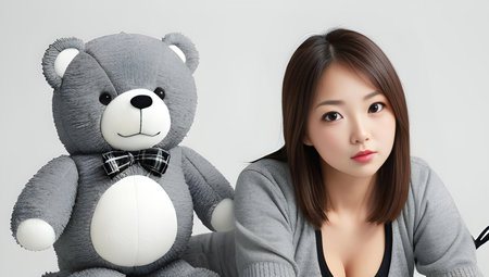 portrait of asian woman with teddy bear isolated on white backgroundの素材