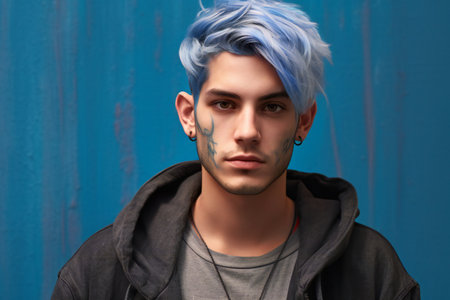 Portrait of a handsome young man with blue hair and black hoodieの素材