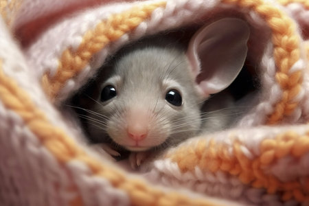 Cute little rat in a warm knitted blanket. Close-up.の素材