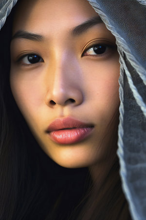 Close-up portrait of a beautiful asian woman wearing a hoodの素材