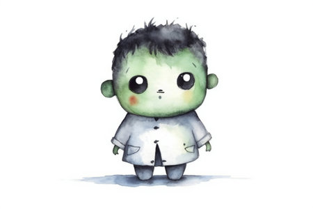 Watercolor illustration of a cute green zombie isolated on white background.の素材