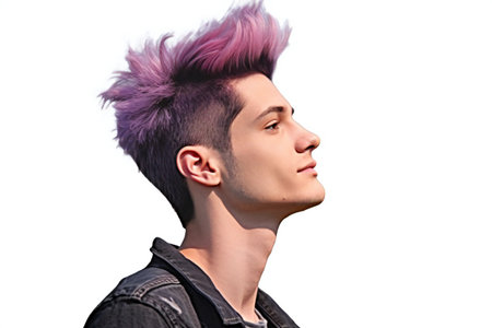 Portrait of a handsome young man with pink hair on white backgroundの素材