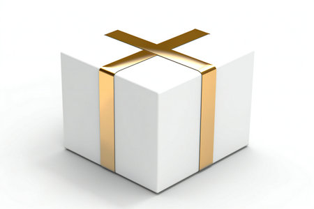 White gift box with gold ribbon on white background.の素材